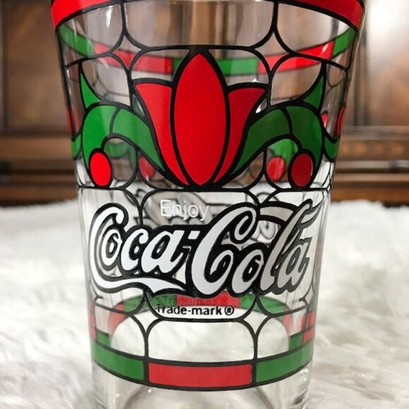 NWOT Set of 2 Coca-Cola Poinsettia Stain Glasses - Picture 4 of 5